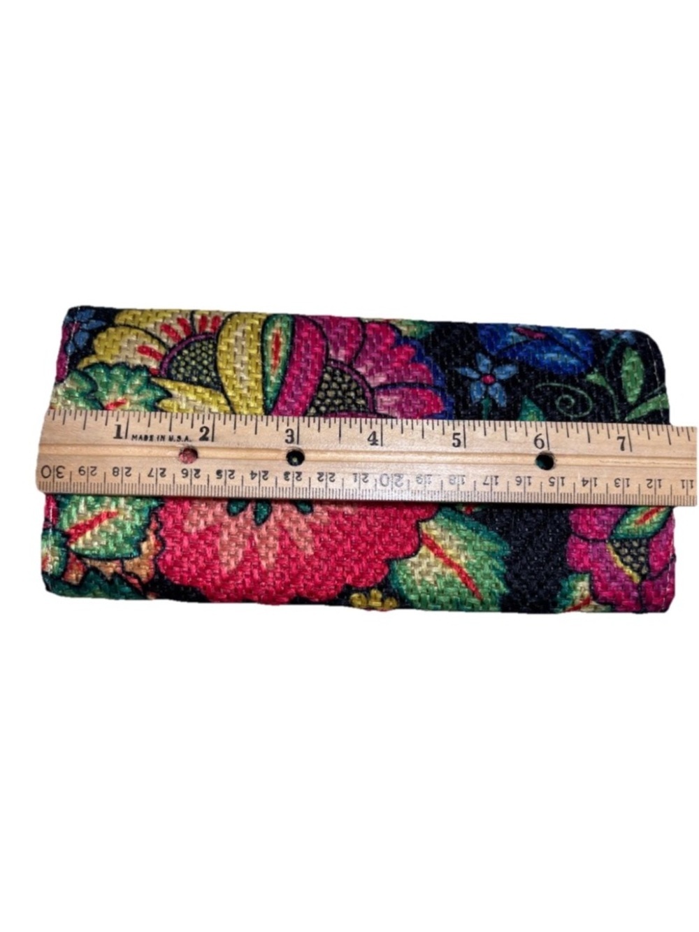 Embroidered Style Floral Clutch with Pink Pom-Pom Trim - Black - Picture 5 of 8